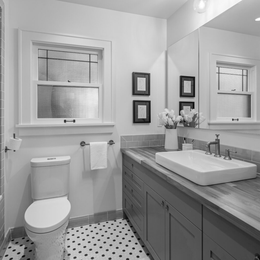 Greenlake area bathroom with teak counters and custom tile