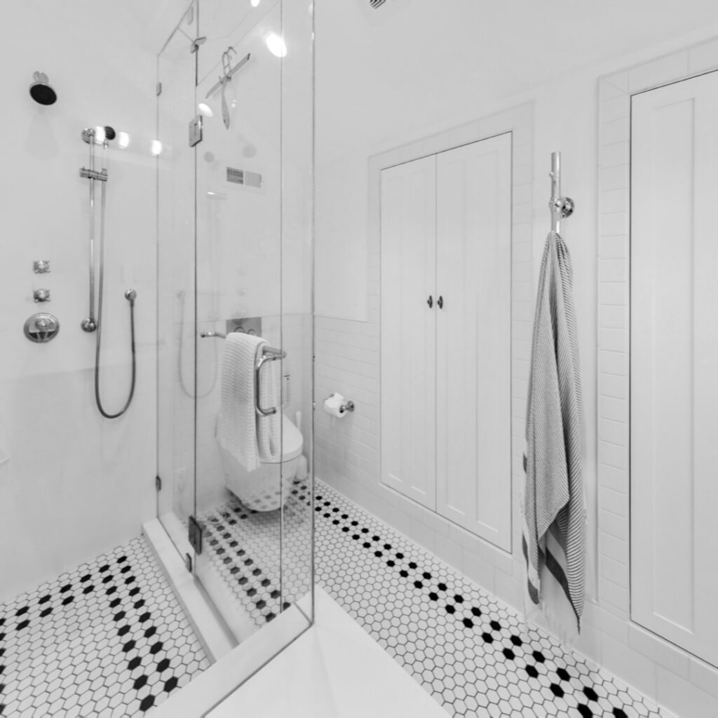 Steam shower and towel tree in Seattle Craftsman home